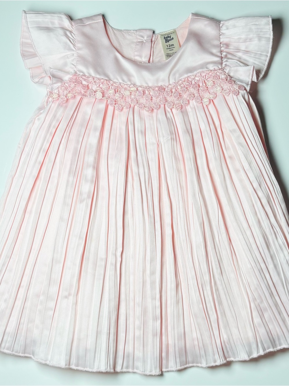 Vintage Baby B'gosh Pink Satin Accordion Pleat Rosette Dress 12M Coquette Angel